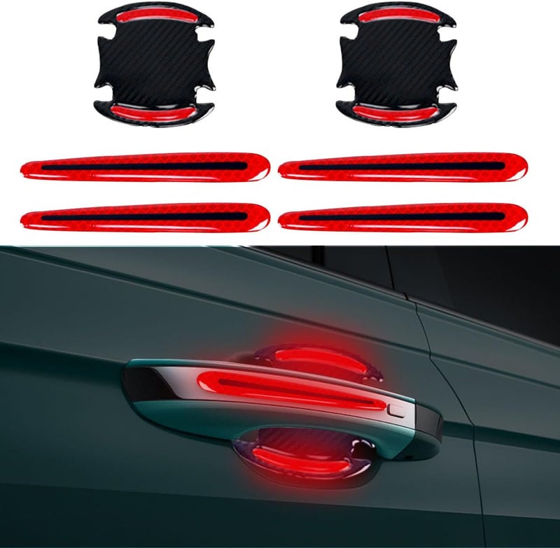 BDZMC 8PCS Reflective Car Door Handle Protector Stickers - Carbon Fiber Auto Handle Guard, Anti-Scratch, Red - Image 1